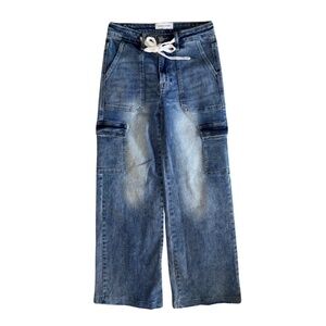 Risen Jeans Women Size 5 / 27 Wide Leg Medium Blue Cargo Large Pockets